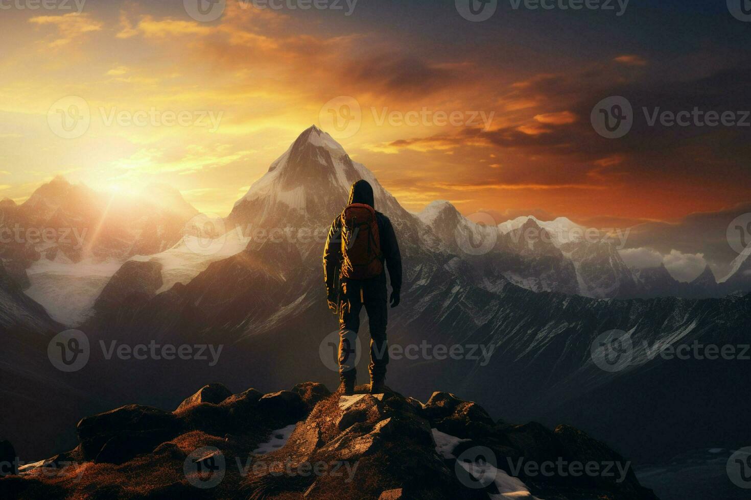Hiker on the top of the mountain at sunset. Travel and adventure concept. ai generated pro photo