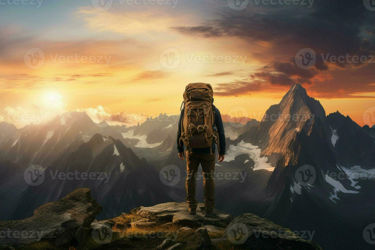 Hiker on the top of the mountain at sunset. Travel and adventure concept. ai generated pro photo