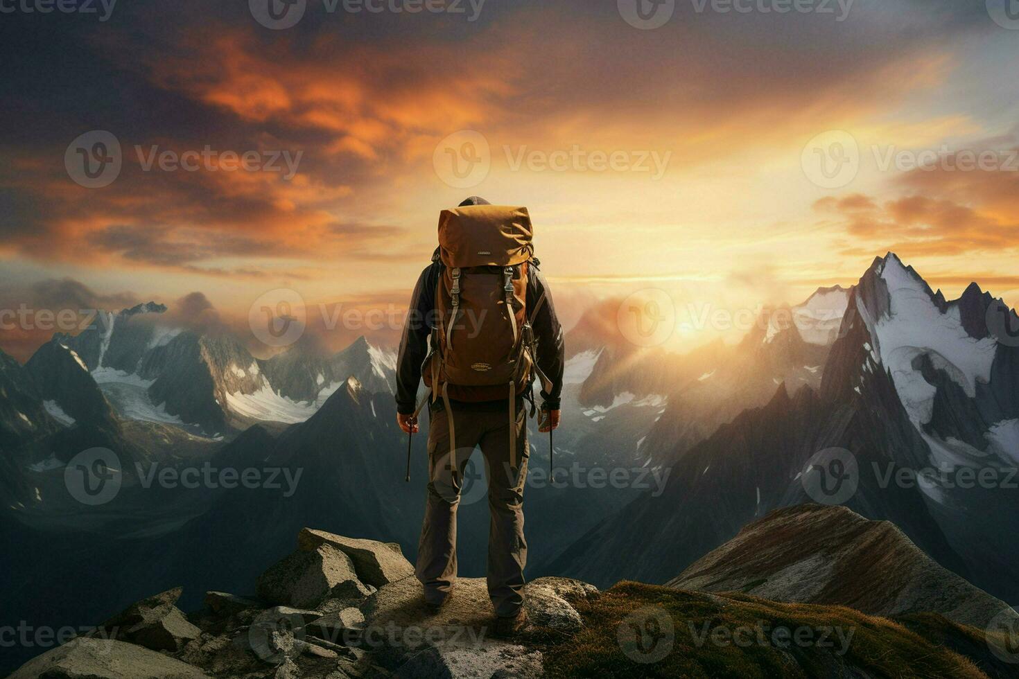 Hiker on the top of the mountain at sunset. Travel and adventure concept. ai generated pro photo