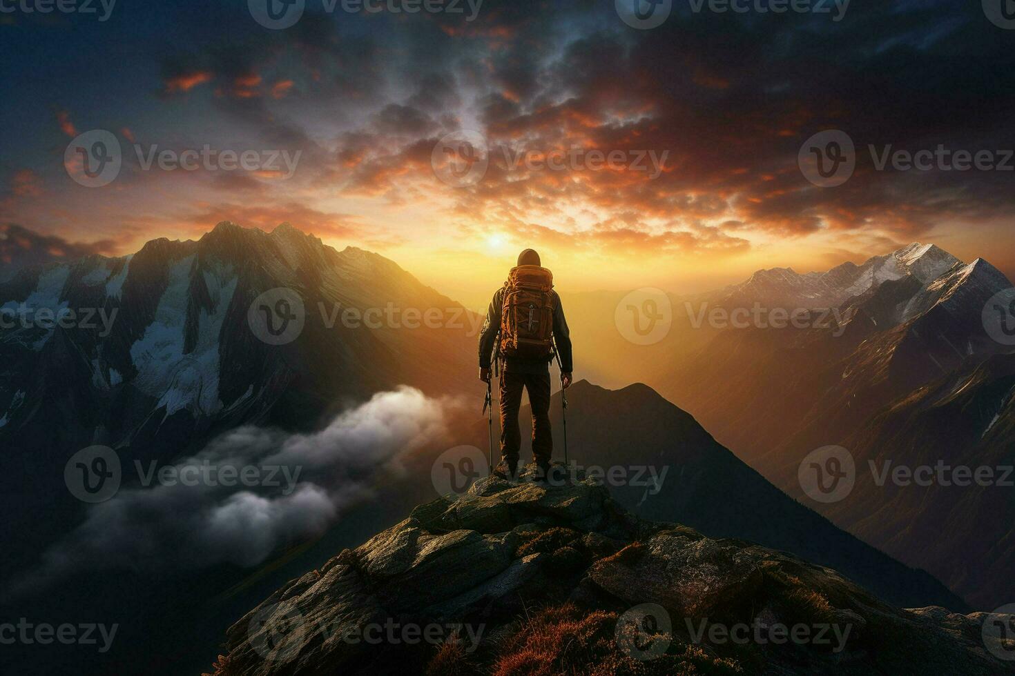 Hiker on the top of the mountain at sunset. Travel and adventure concept. ai generated pro photo