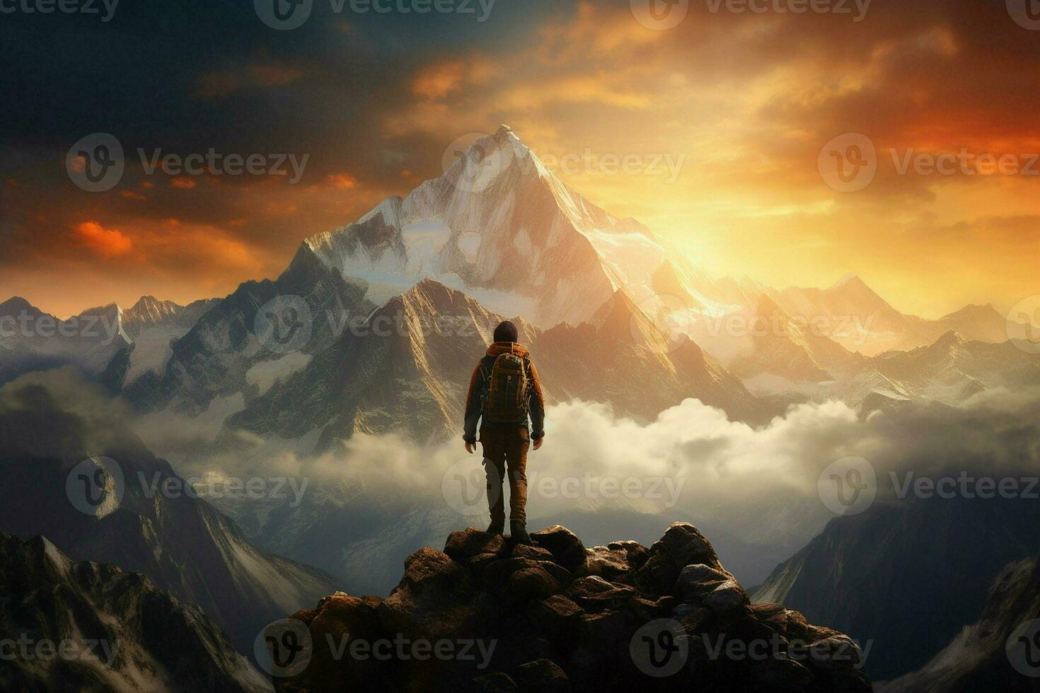 Hiker on the top of the mountain at sunset. Travel and adventure concept. ai generated pro photo