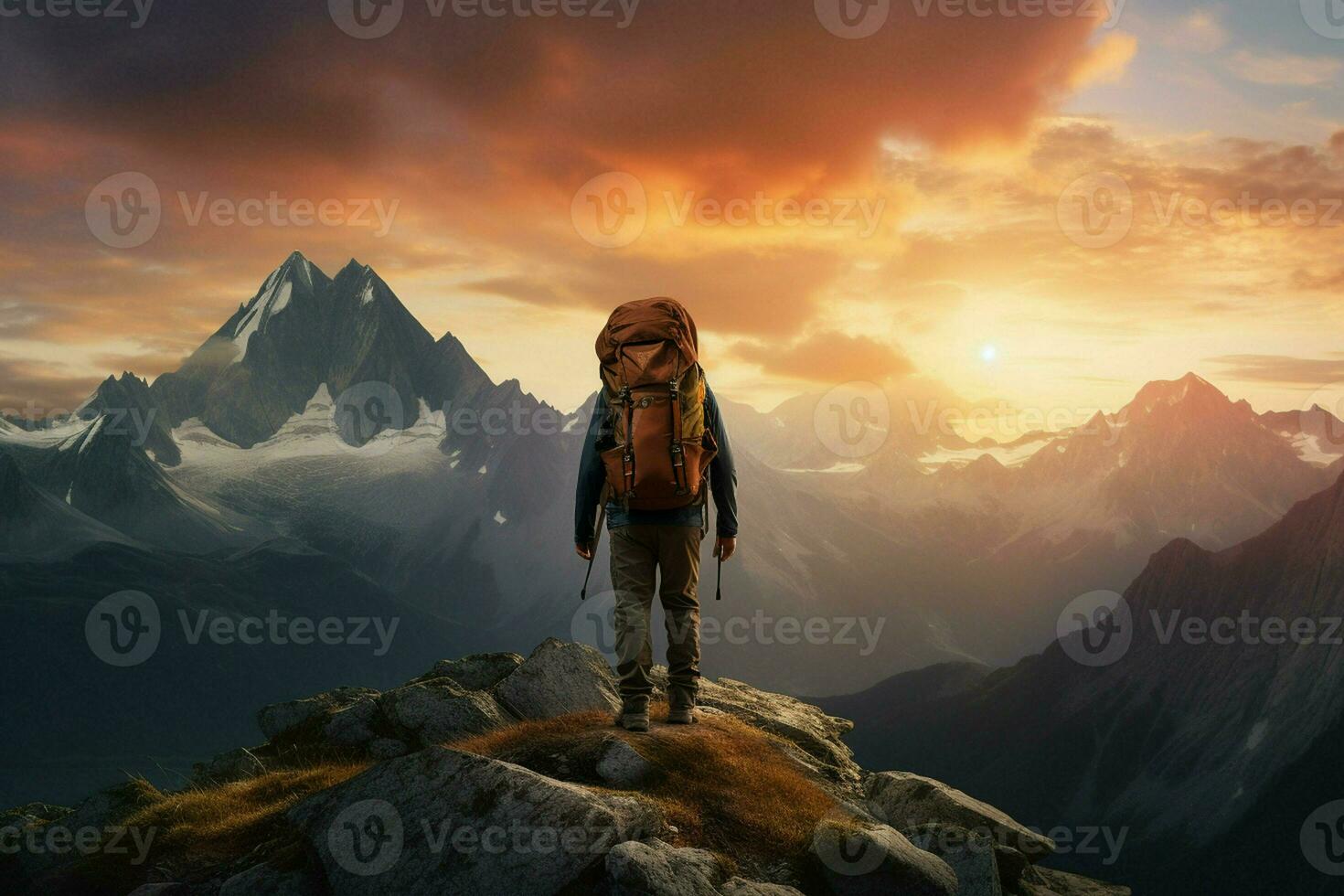 Hiker on the top of the mountain at sunset. Travel and adventure concept. ai generated pro photo