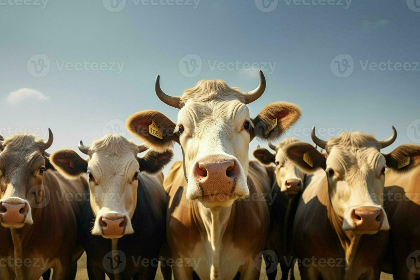 Flock of black and white cows in a row on a farm. Herd of cows in a meadow on a sunny day. ai generated pro photo