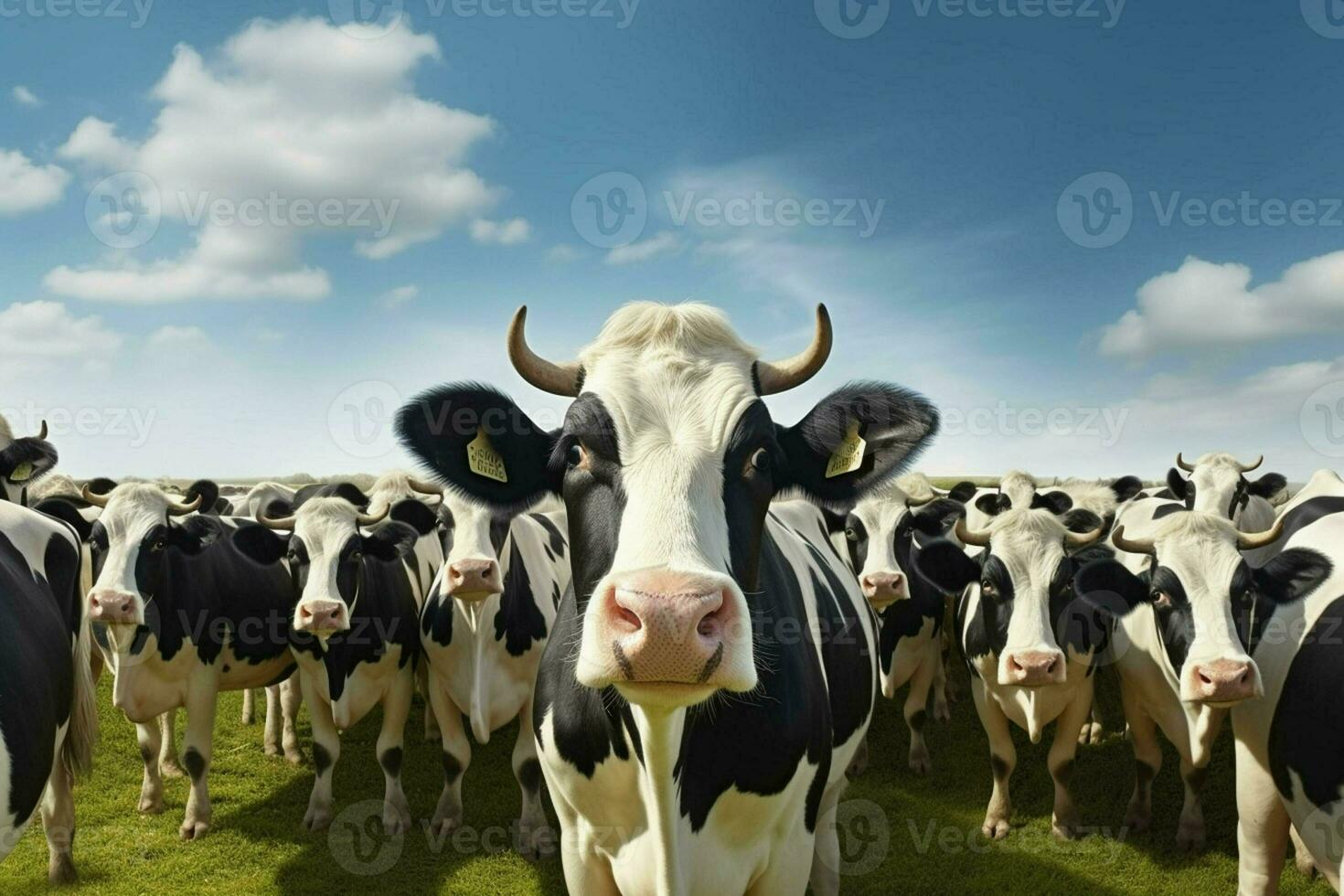 Flock of black and white cows in a row on a farm. Herd of cows in a meadow on a sunny day. ai generated pro photo