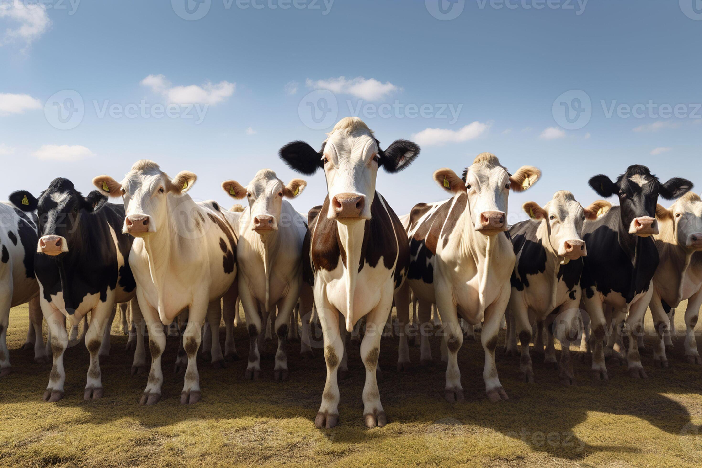 Flock of black and white cows in a row on a farm. Herd of cows in a