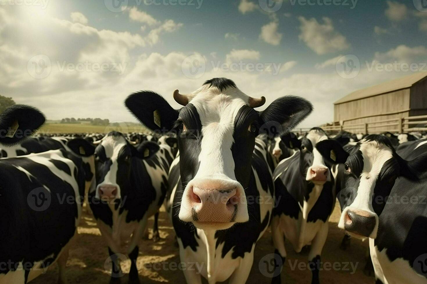 Flock of black and white cows in a row on a farm. Herd of cows in a meadow on a sunny day. ai generated pro photo