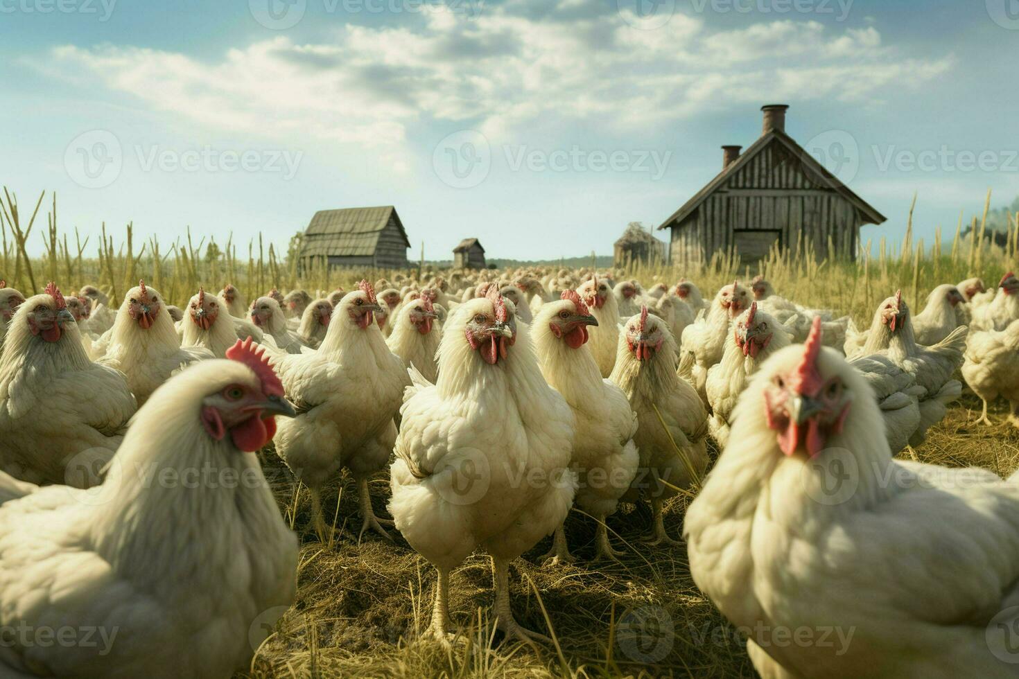 pollos en tradicional gratis rango aves de corral granja. pollos en el granja. selectivo enfocar. naturaleza. ai generado Pro foto
