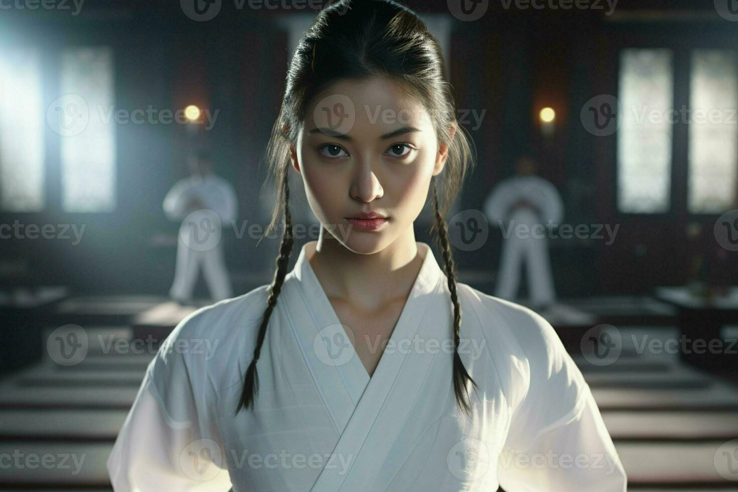 Young determined karate woman in white kimono fighting in futuristic room. ai generated pro photo