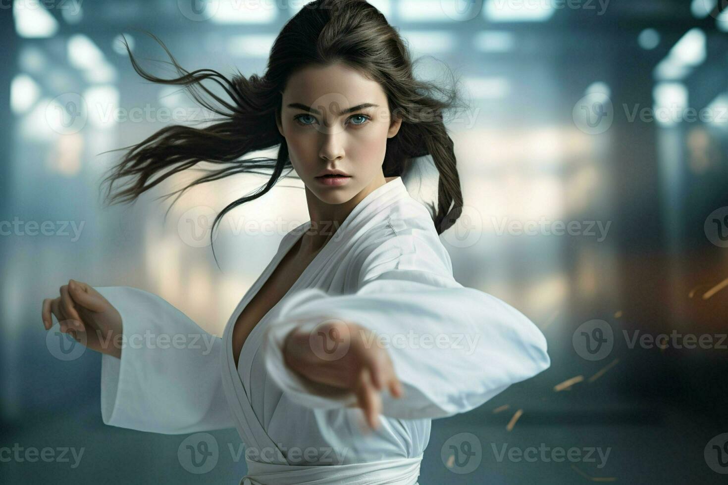 joven determinado kárate mujer en blanco kimono luchando en futurista habitación. ai generado Pro foto