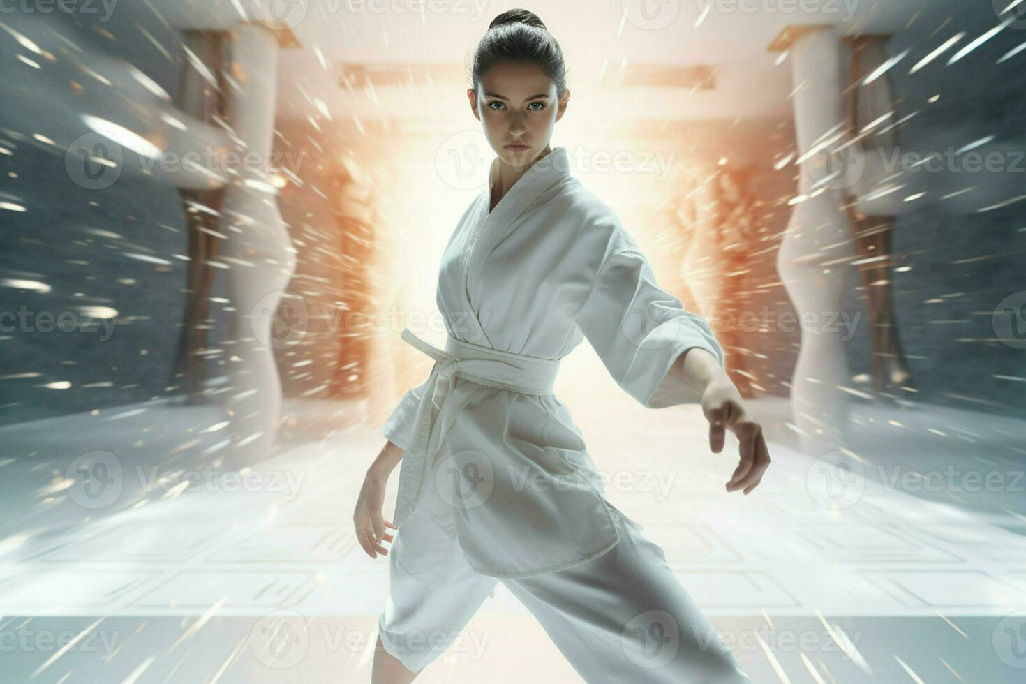 joven determinado kárate mujer en blanco kimono luchando en futurista habitación. ai generado Pro foto