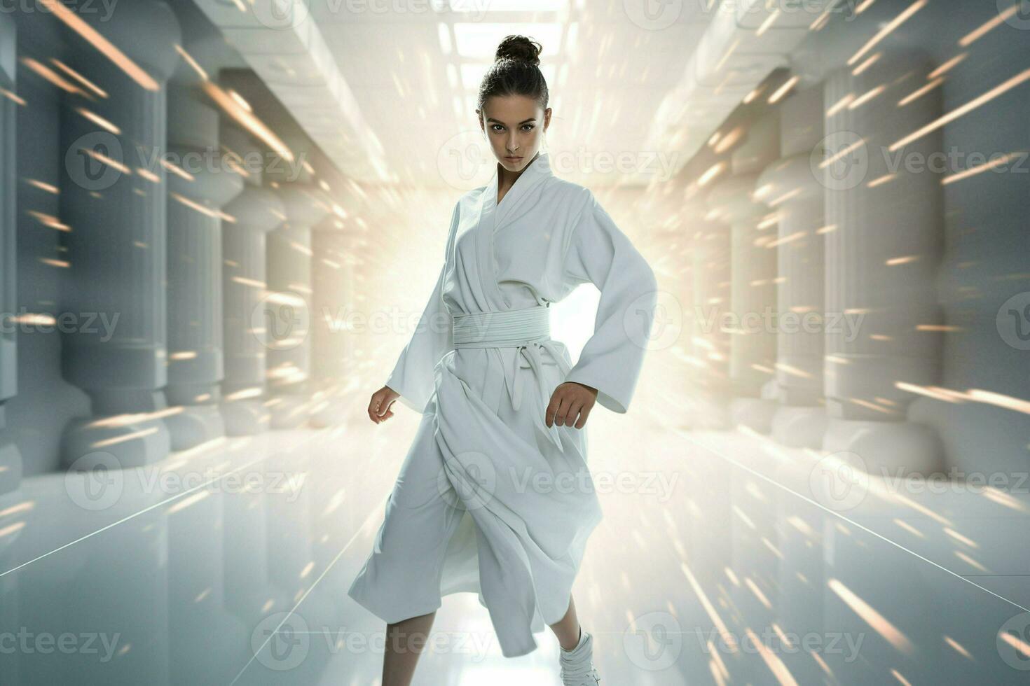 Young determined karate woman in white kimono fighting in futuristic room. ai generated pro photo