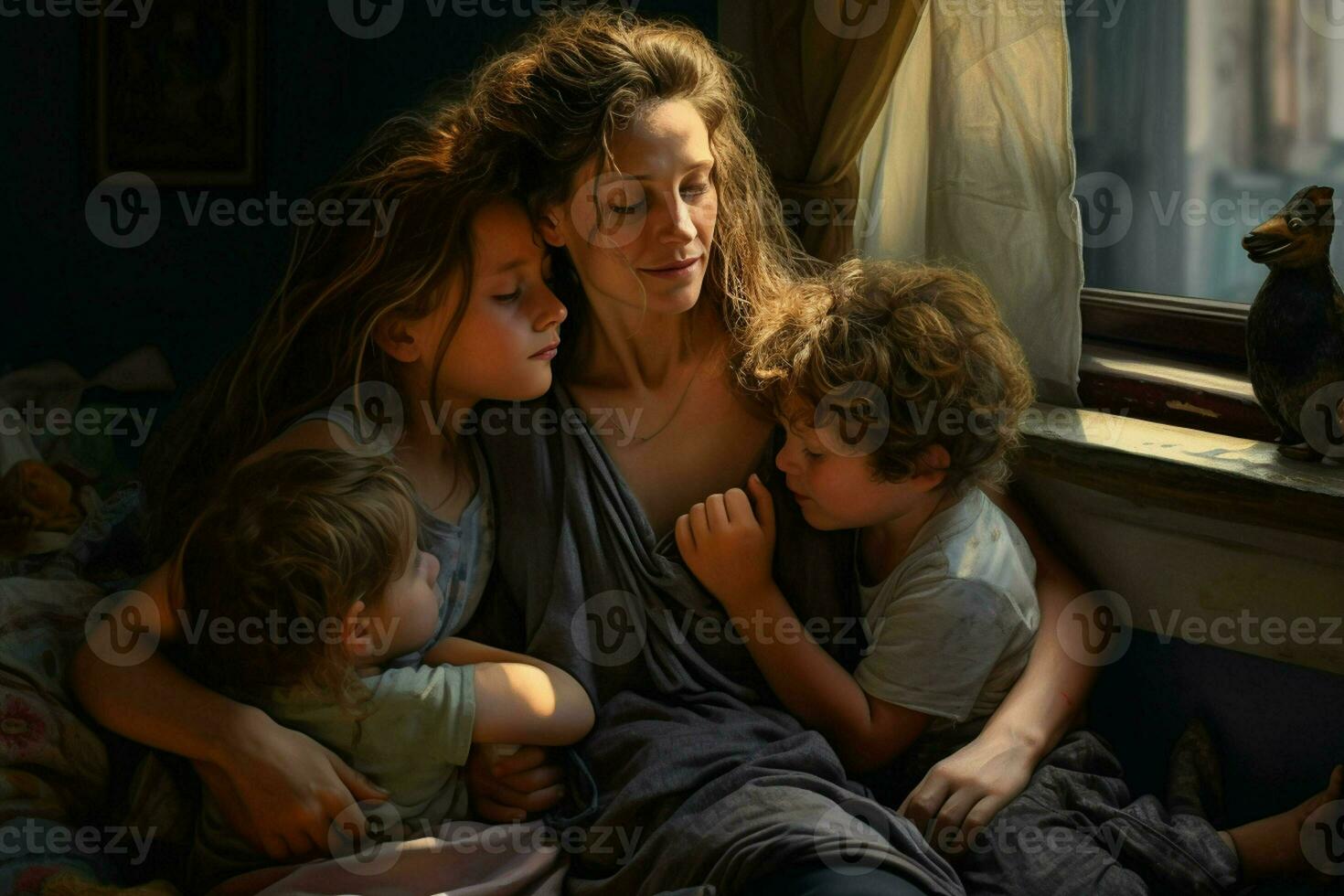 madre con dos niños dormido en cama a hogar. el concepto de familia relaciones ai generado Pro foto