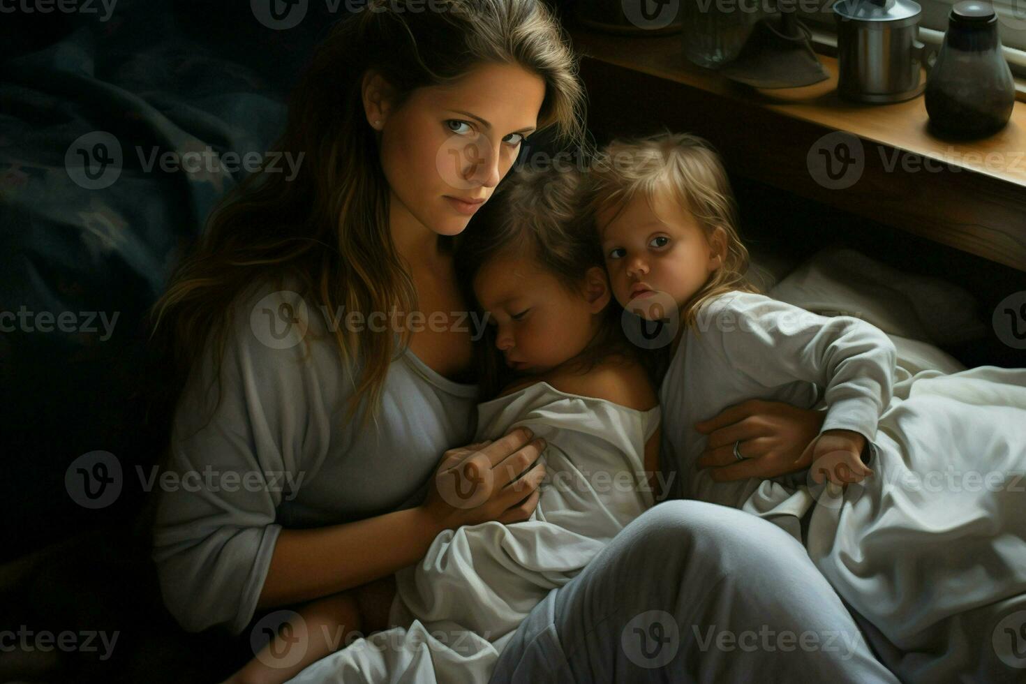 madre con dos niños dormido en cama a hogar. el concepto de familia relaciones ai generado Pro foto