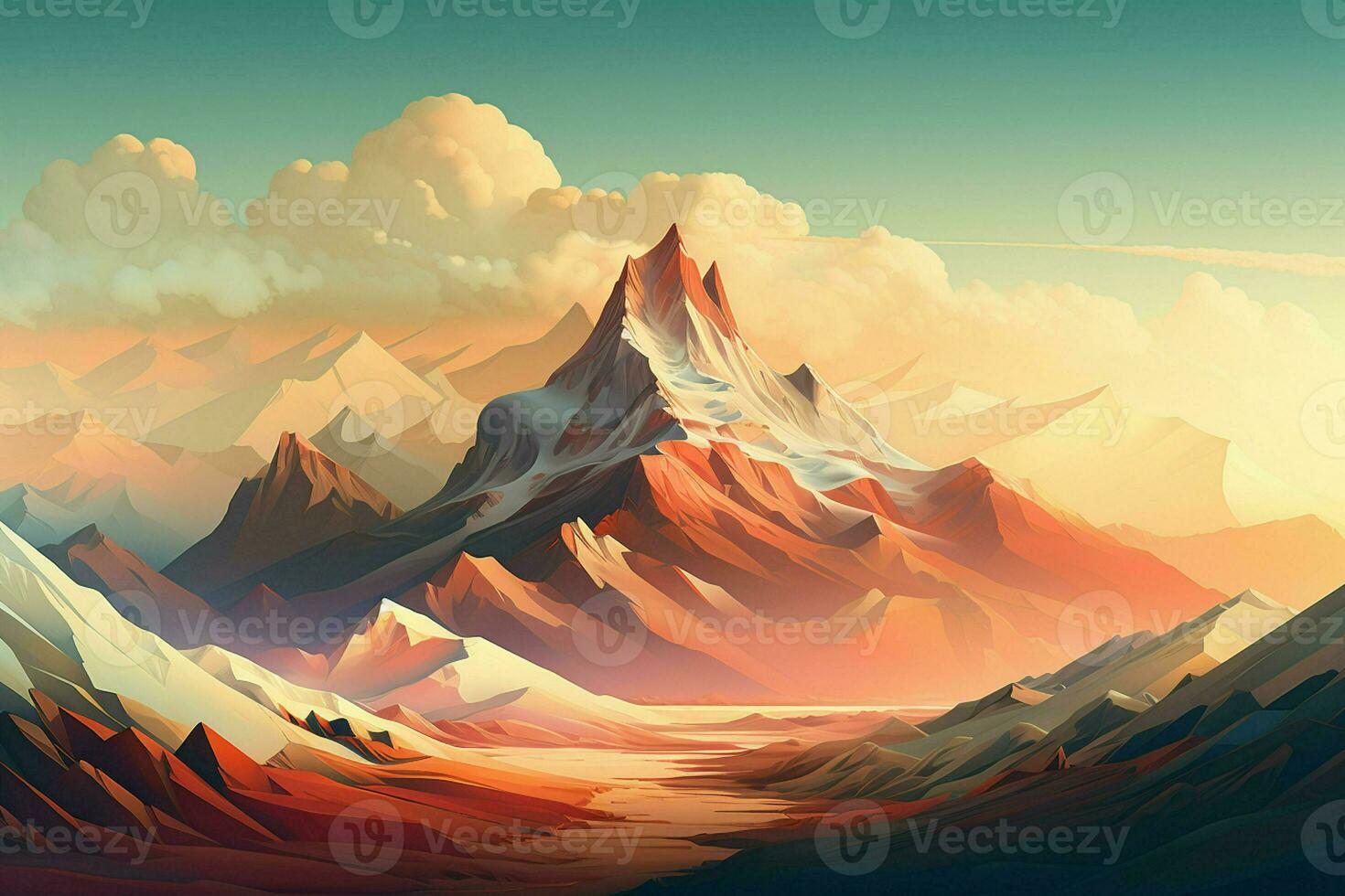 fantasía paisaje con montañas y nubes 3d ilustración. digital cuadro. ai generado Pro foto