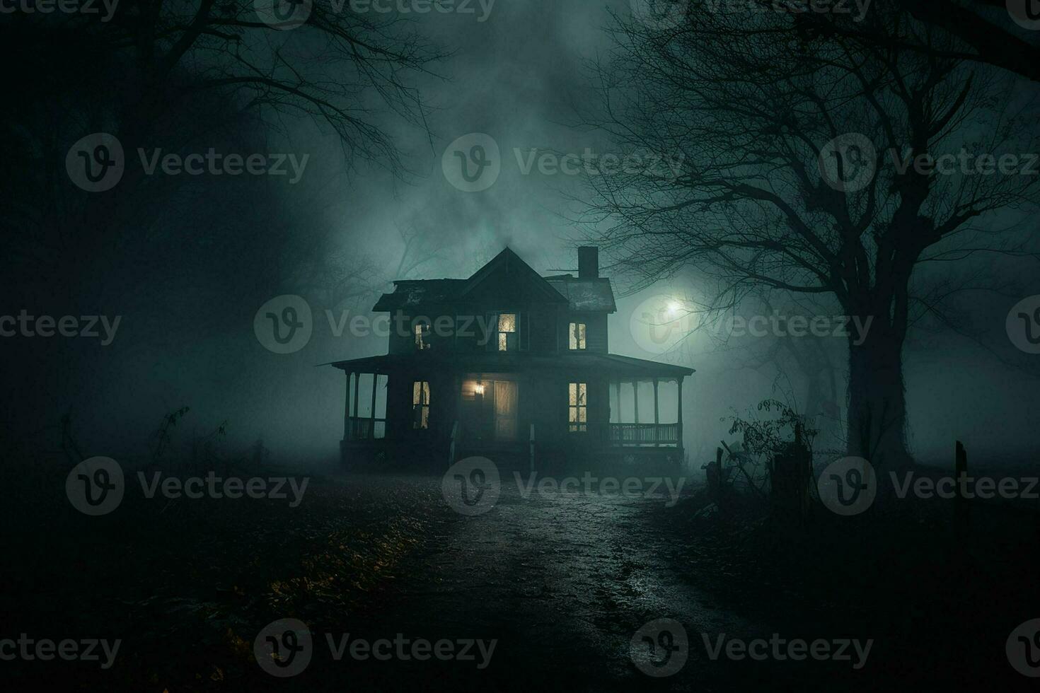 de miedo Víspera de Todos los Santos escalofriante obsesionado casa en oscuro bosque. horror Víspera de Todos los Santos concepto. ai generado Pro foto