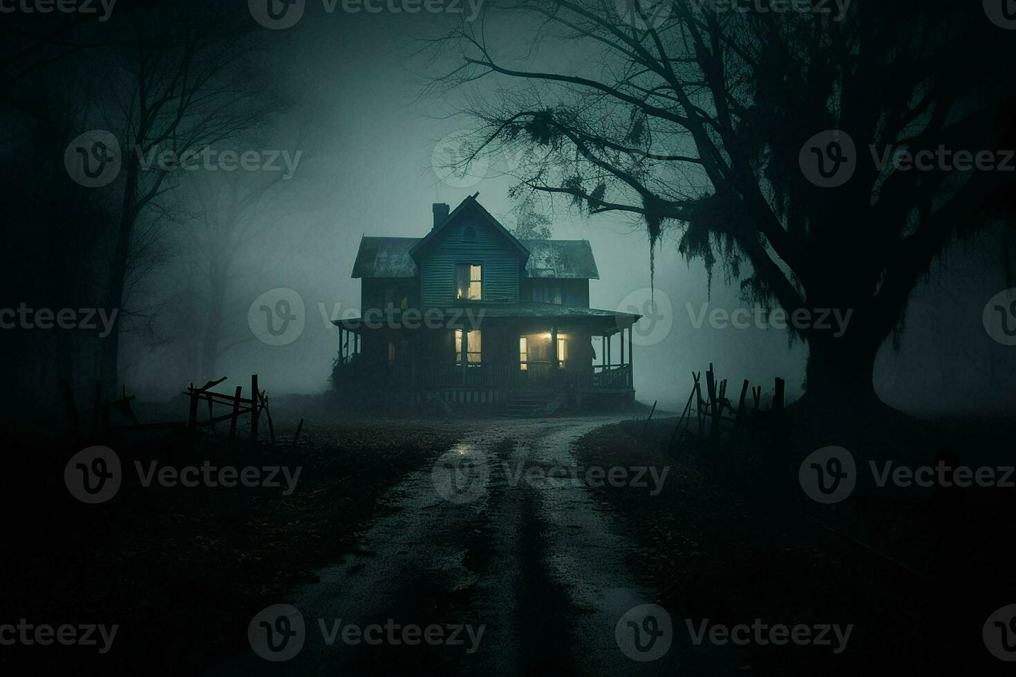 de miedo Víspera de Todos los Santos escalofriante obsesionado casa en oscuro bosque. horror Víspera de Todos los Santos concepto. ai generado Pro foto