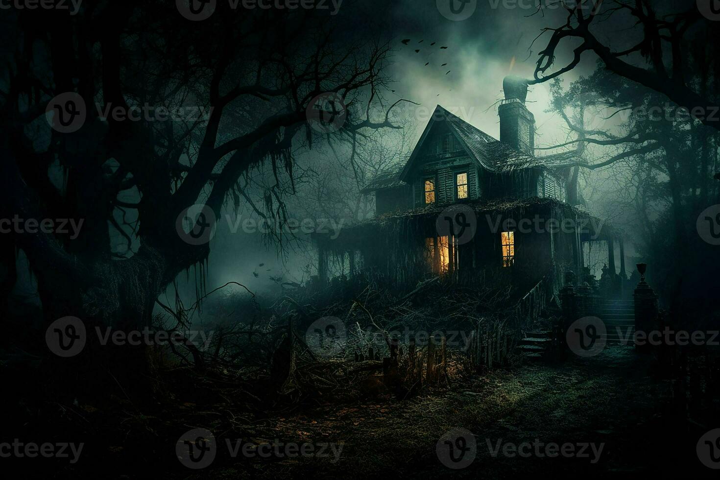 Scary halloween spooky haunted house in dark forest. Horror Halloween concept. ai generated pro photo