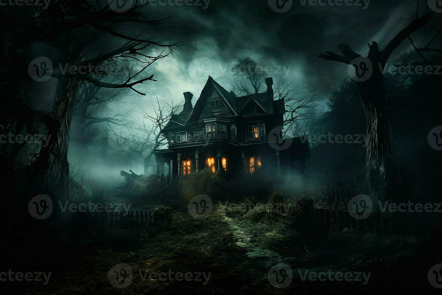 Scary halloween spooky haunted house in dark forest. Horror Halloween concept. ai generated pro photo