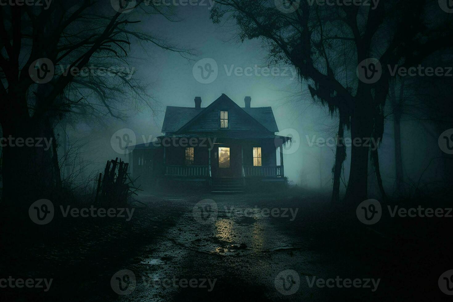 de miedo Víspera de Todos los Santos escalofriante obsesionado casa en oscuro bosque. horror Víspera de Todos los Santos concepto. ai generado Pro foto