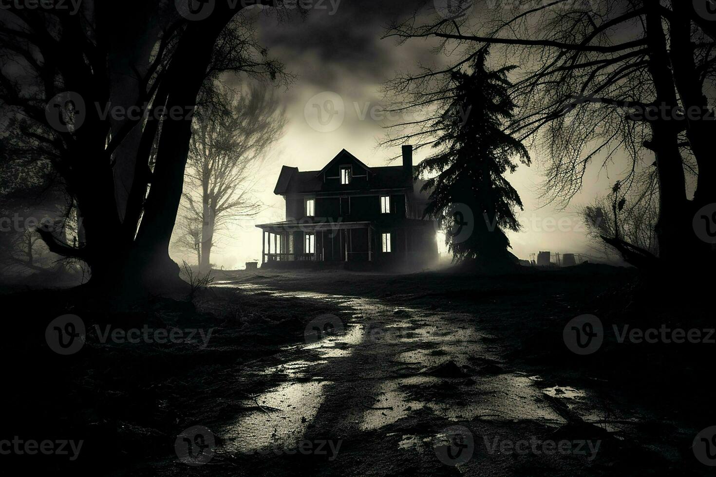 Scary halloween spooky haunted house in dark forest. Horror Halloween concept. ai generated pro photo