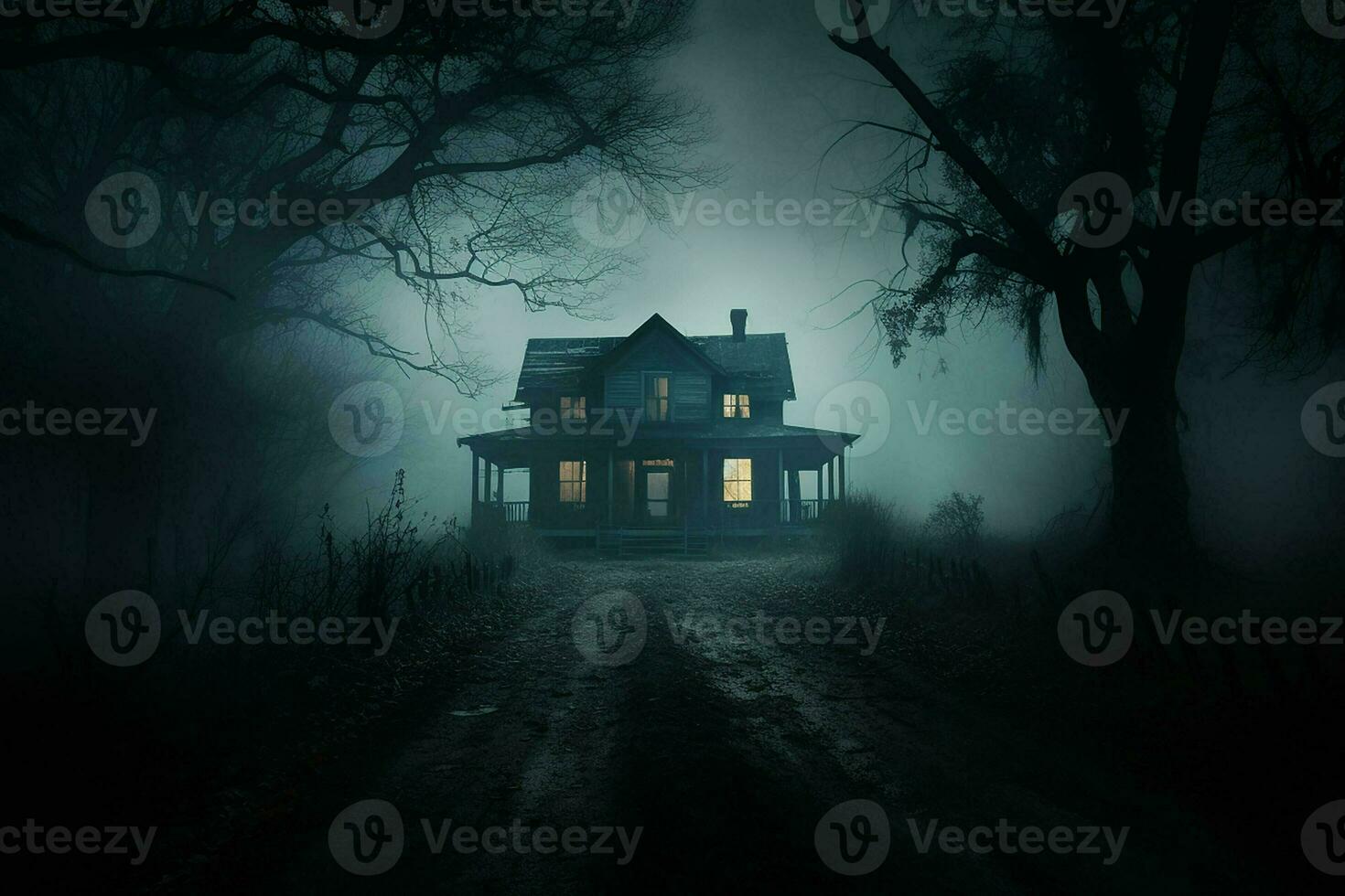 de miedo Víspera de Todos los Santos escalofriante obsesionado casa en oscuro bosque. horror Víspera de Todos los Santos concepto. ai generado Pro foto