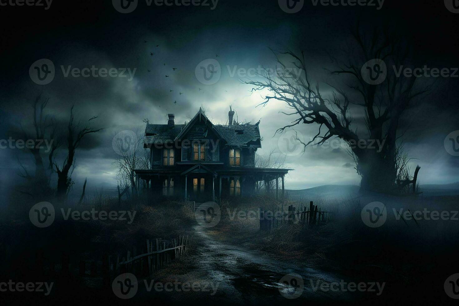 Scary halloween spooky haunted house in dark forest. Horror Halloween concept. ai generated pro photo