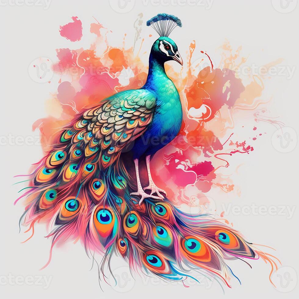 Beautiful peacock with colorful feathers on floral background. Colorful peacock on watercolor splash background. ai generated pro photo