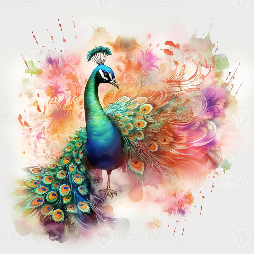 Beautiful peacock with colorful feathers on floral background. Colorful peacock on watercolor splash background. ai generated pro photo