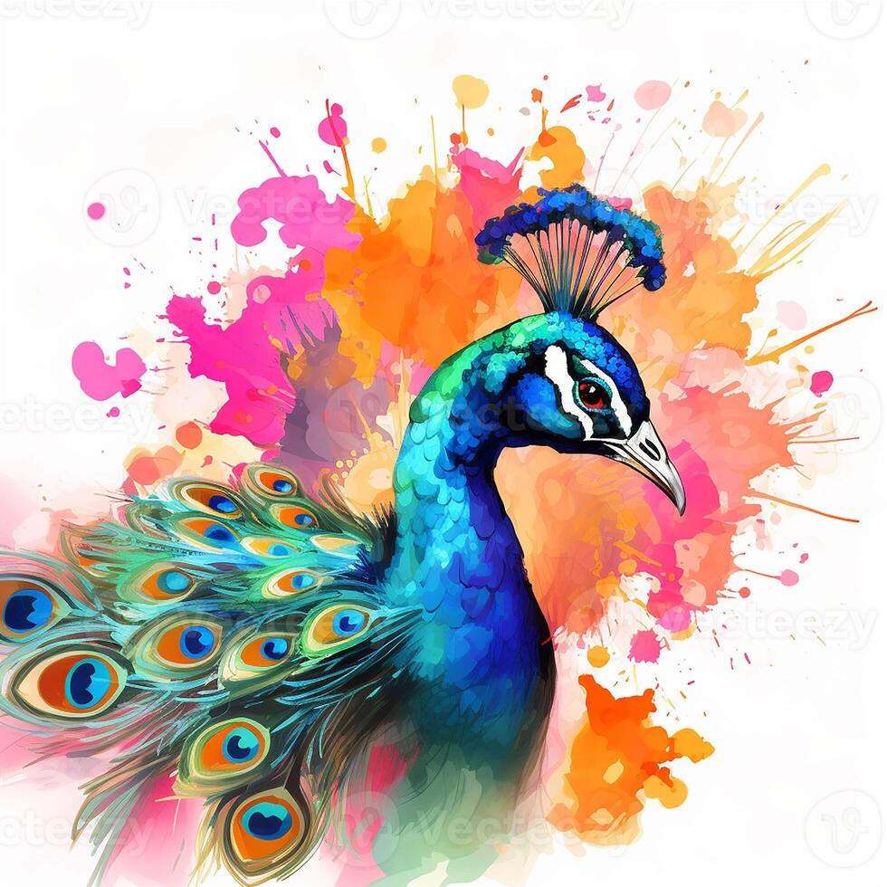 Beautiful peacock with colorful feathers on floral background. Colorful peacock on watercolor splash background. ai generated pro photo