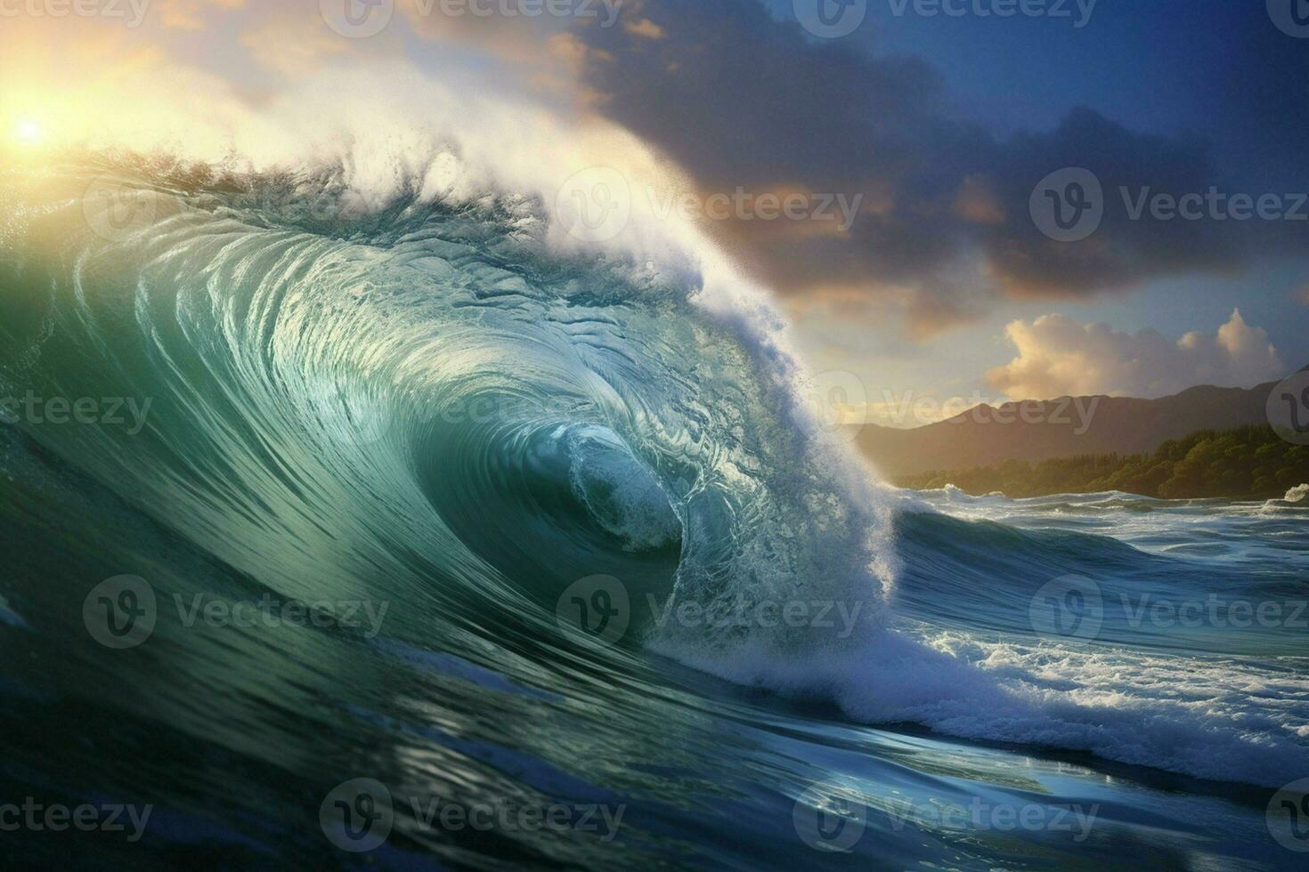 Blue ocean wave and blue sky background. 3d render illustration. ai generated pro photo