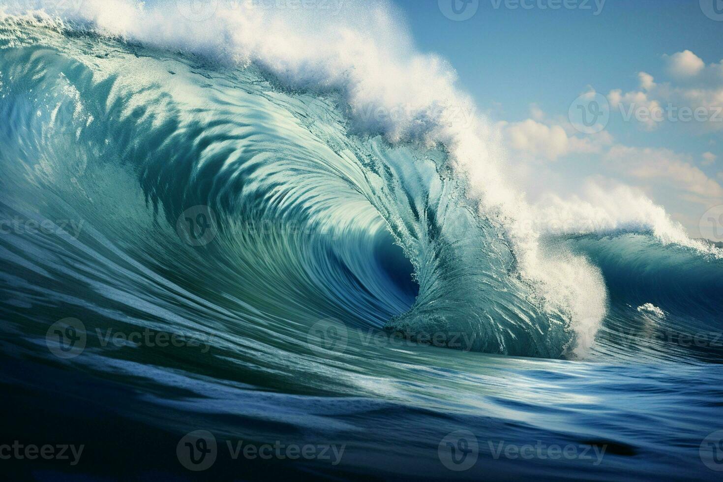 Blue ocean wave and blue sky background. 3d render illustration. ai generated pro photo