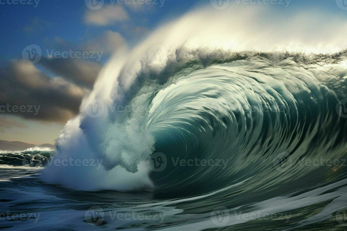 Blue ocean wave and blue sky background. 3d render illustration. ai generated pro photo