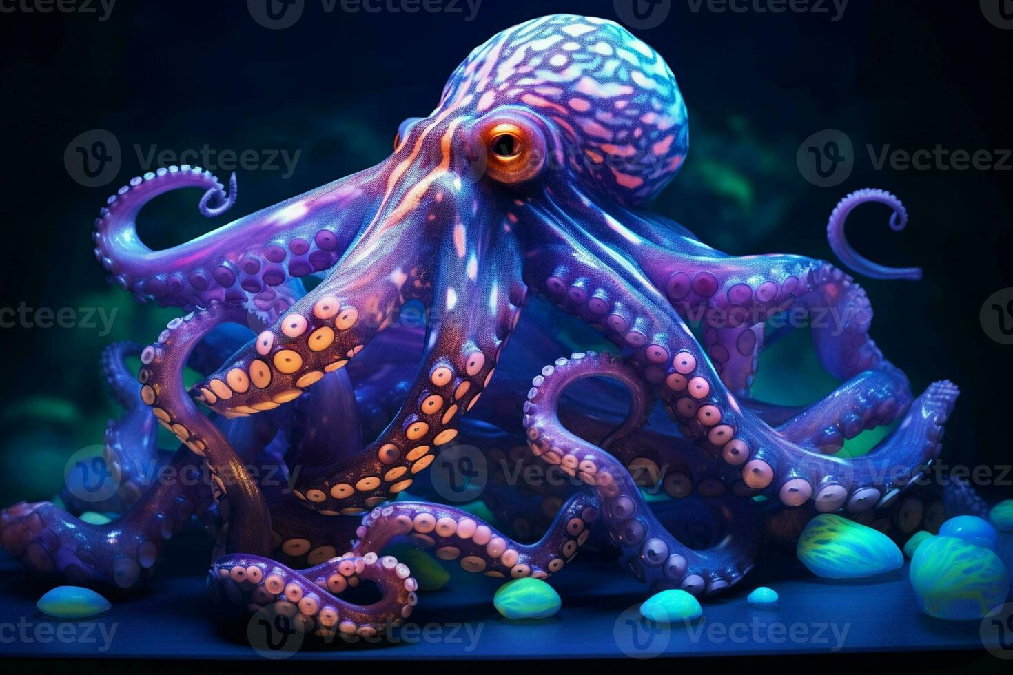 Neon color octopus on the bottom of the sea. ai generated pro photo