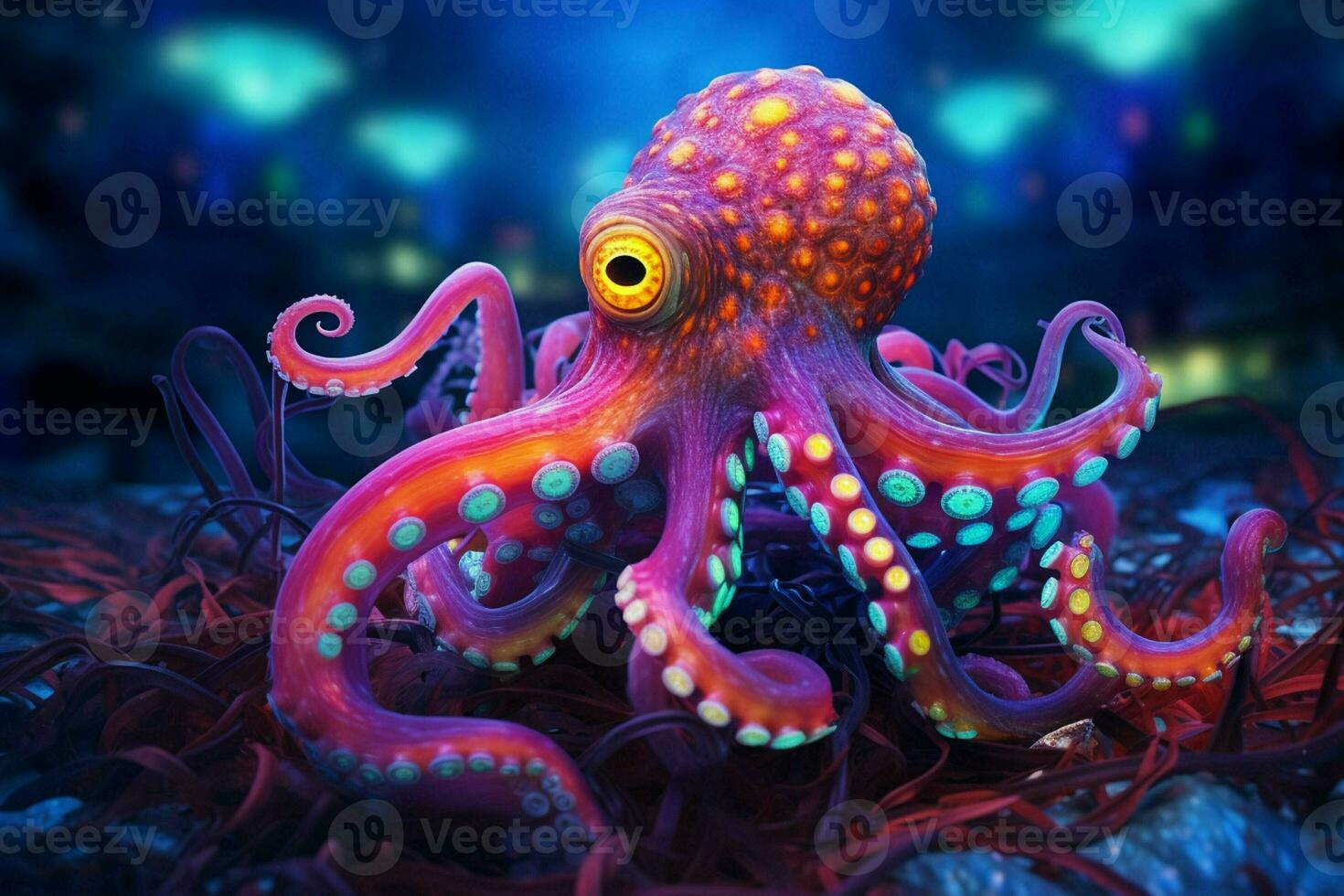 Neon color octopus on the bottom of the sea. ai generated pro photo