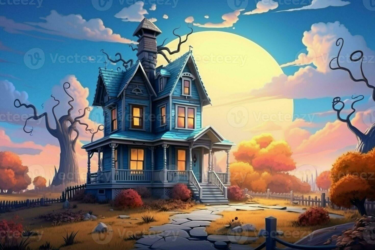 Fantasy landscape with an old wooden house in the countryside. ai generated pro photo