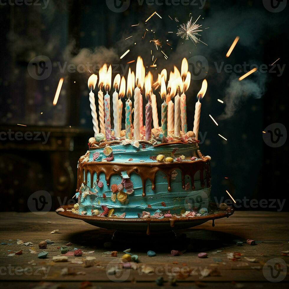 Birthday cake with burning candles on wooden background. ai generated photo