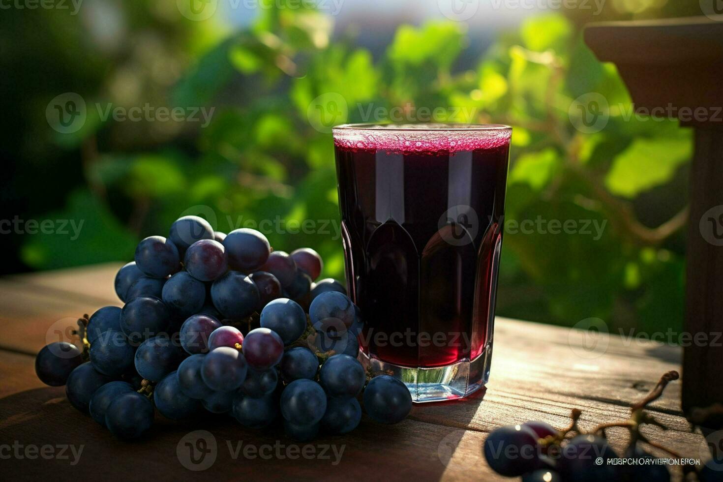 glass of red wine with grapes on a wooden table in the vineyard. ai generated pro photo