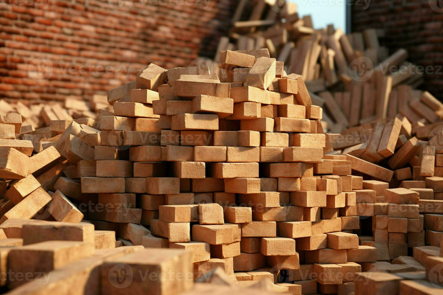 Stack of red bricks on the background of a brick wall. Construction concept. ai generated pro photo