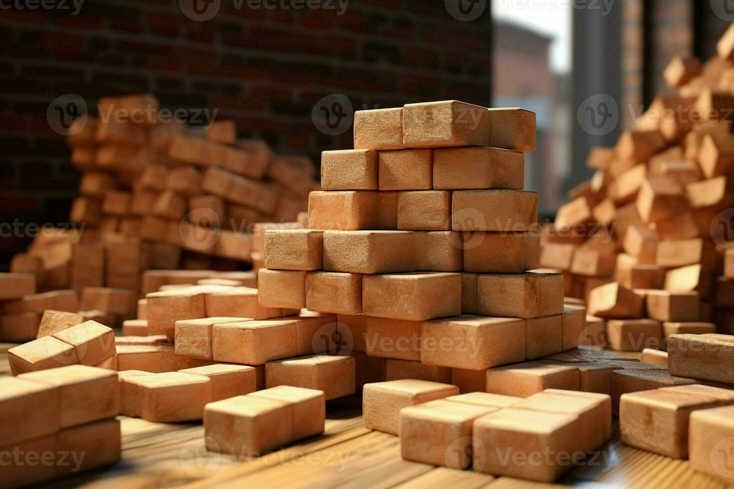 apilar de rojo ladrillos en el antecedentes de un ladrillo pared. construcción concepto. ai generado Pro foto