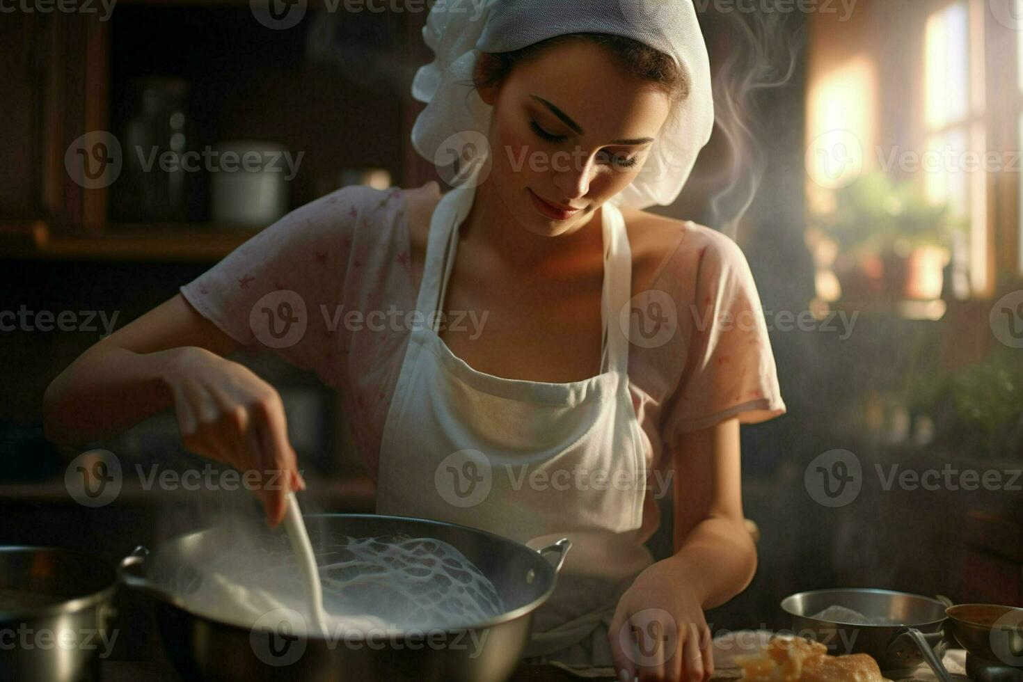 hermosa joven mujer Cocinando en el cocina a hogar. sano comida concepto. ai generado Pro foto