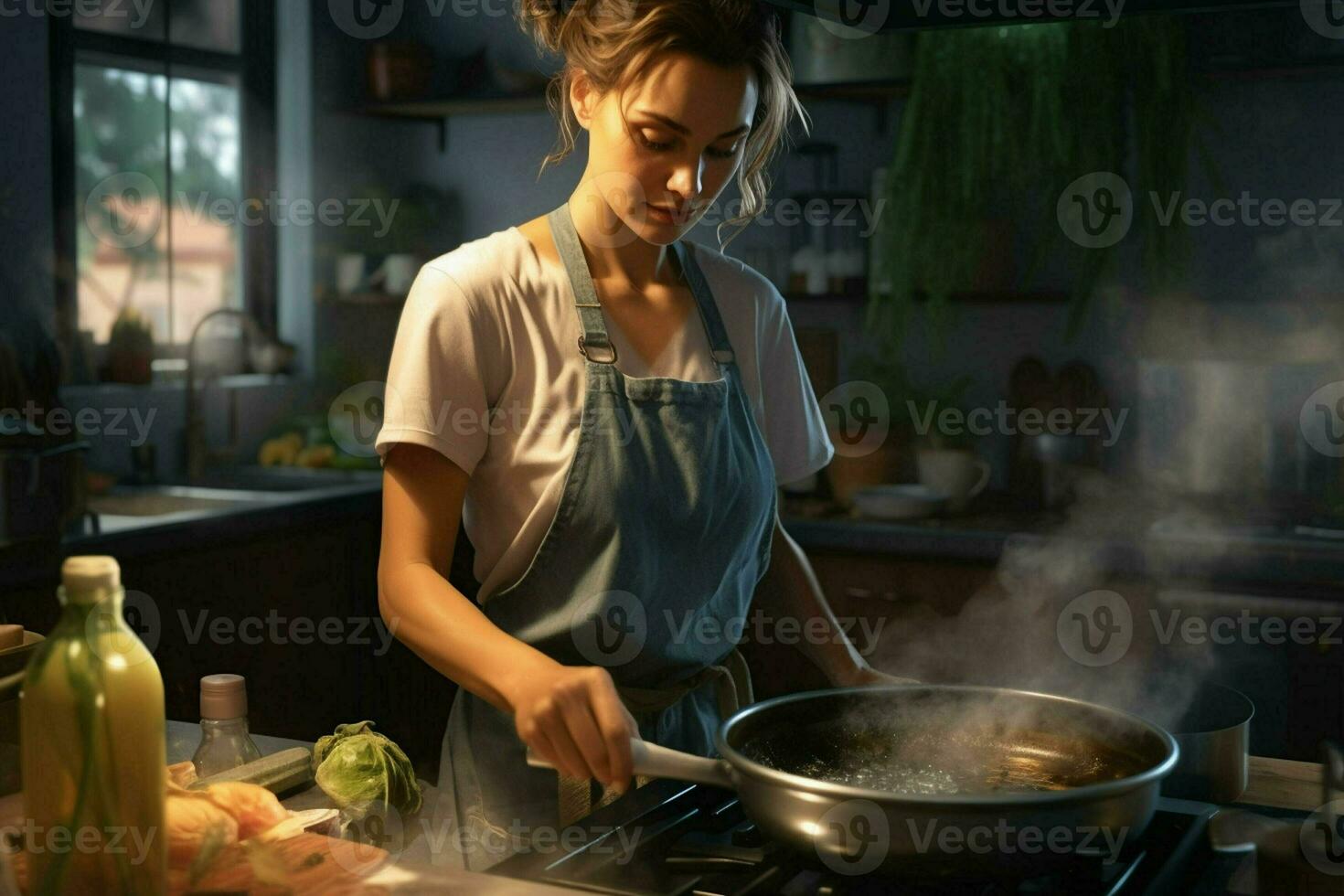 hermosa joven mujer Cocinando en el cocina a hogar. sano comida concepto. ai generado Pro foto