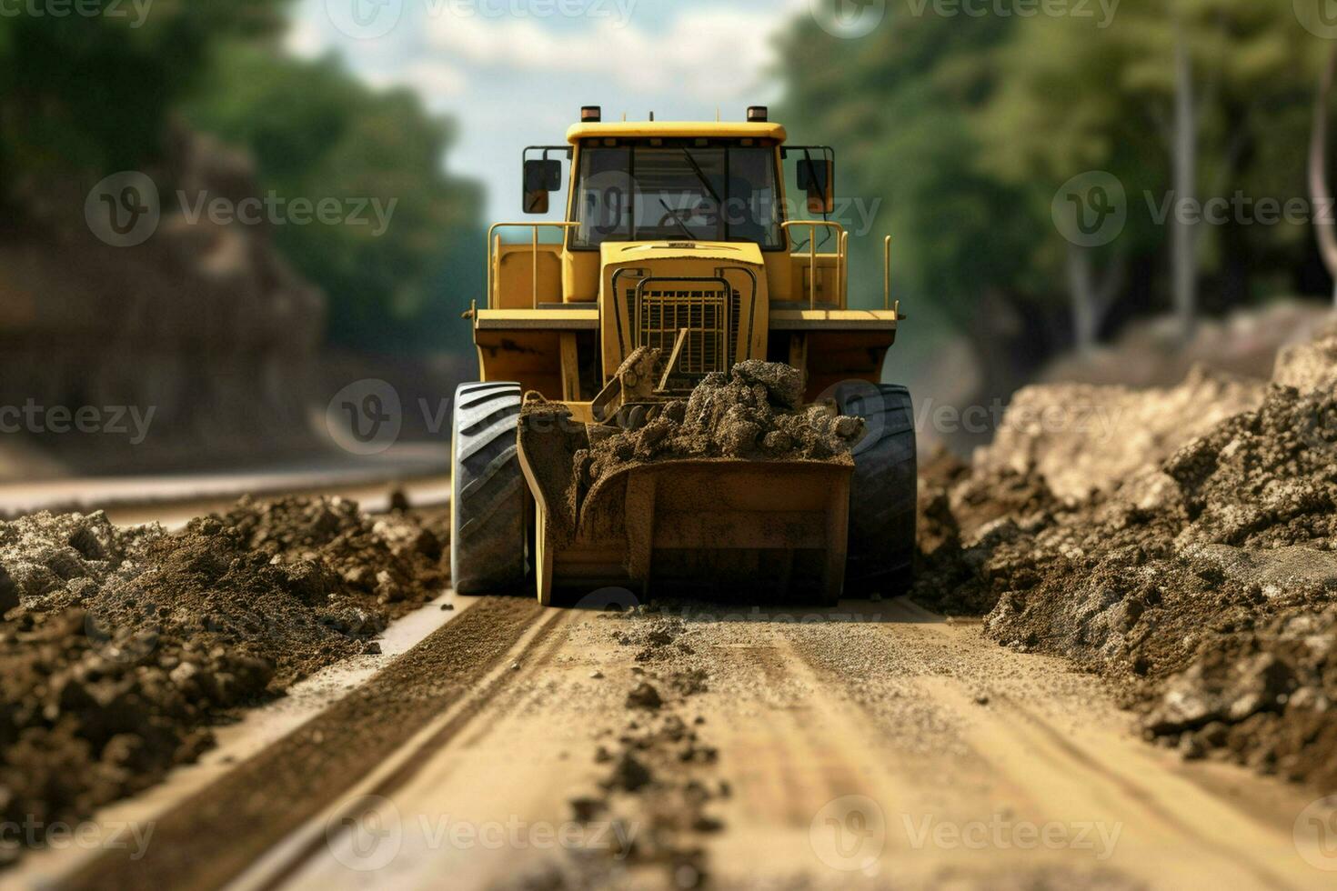 Close-up of a bulldozer working on a road construction site, construction concept. Ai generated Smartphone with charging cable on the table. ai generated photo