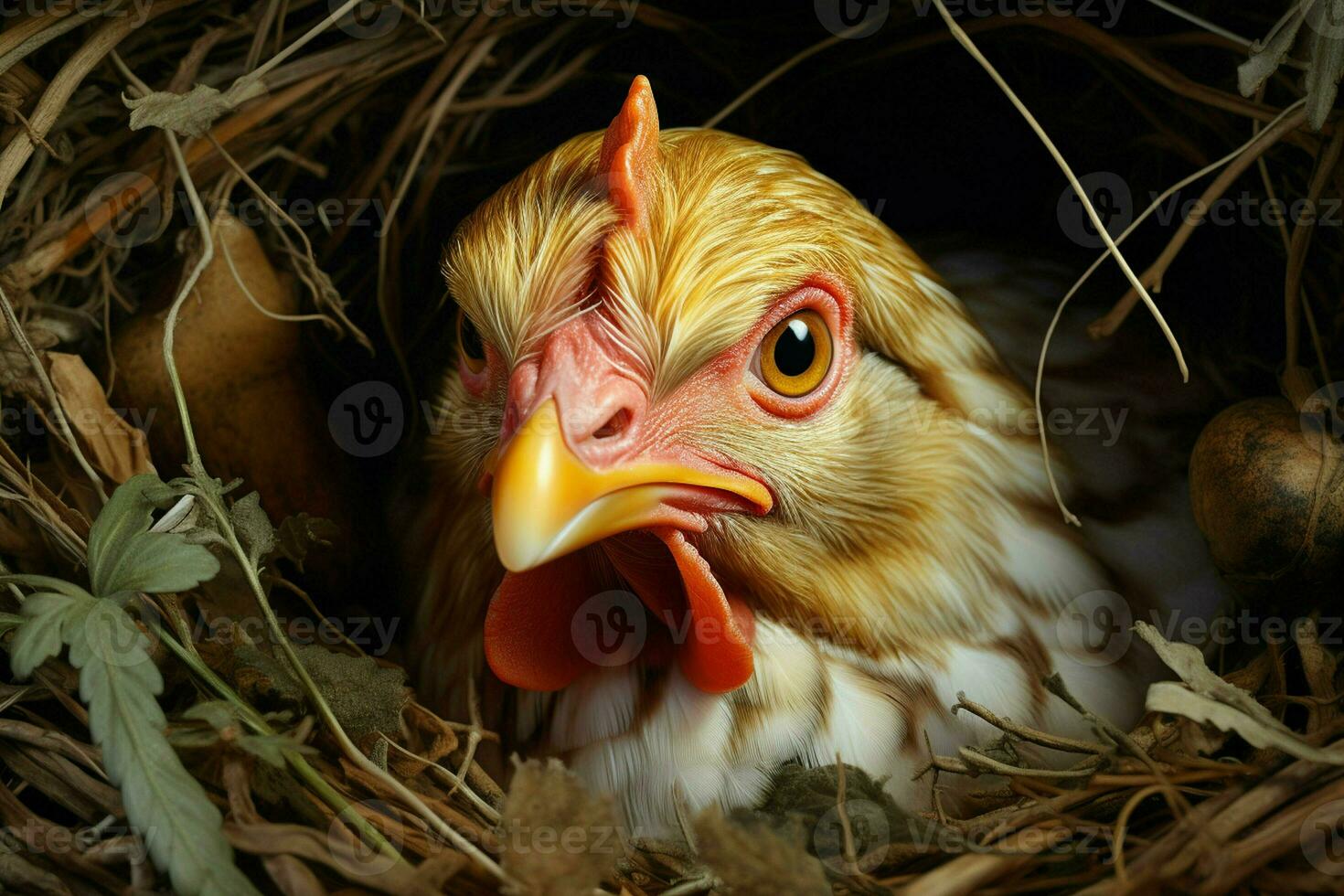 chickens in the nest with eggs, close-up. ai generated Smartphone with charging cable on the table. ai generated photo