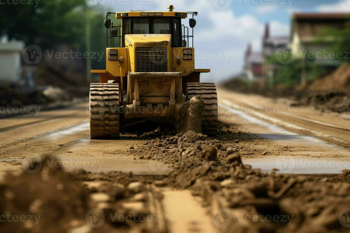 Close-up of a bulldozer working on a road construction site, construction concept. Ai generated Smartphone with charging cable on the table. ai generated photo
