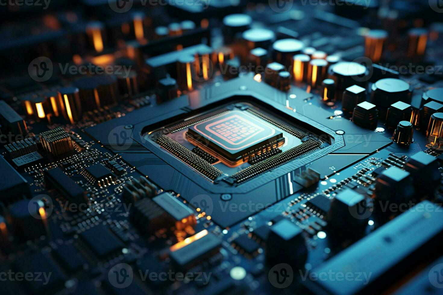 A microchip on a circuit board. Close-up of a microprocessor on a computer motherboard. ai generated pro photo