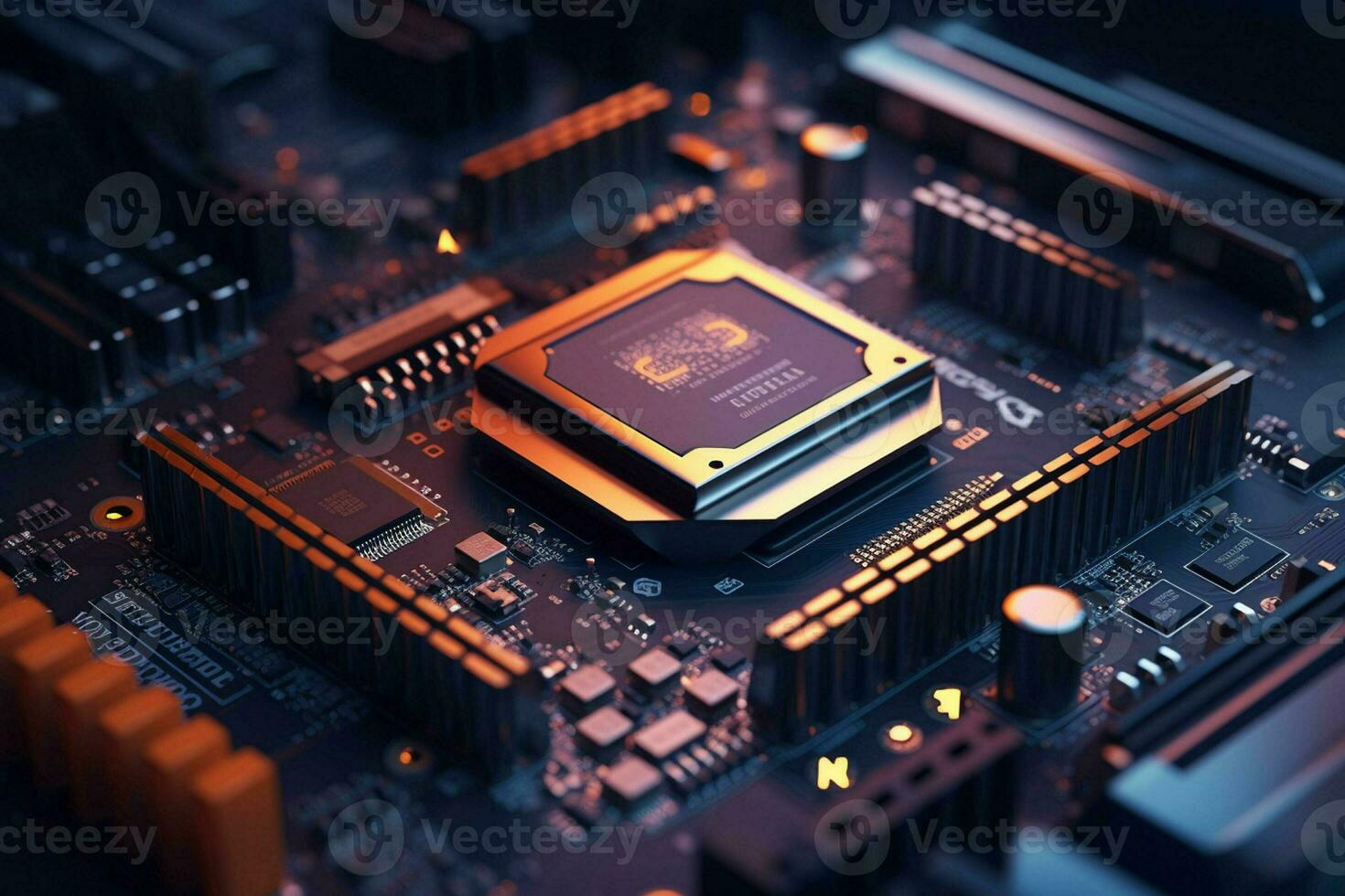 A microchip on a circuit board. Close-up of a microprocessor on a computer motherboard. ai generated Smartphone with charging cable on the table. ai generated photo