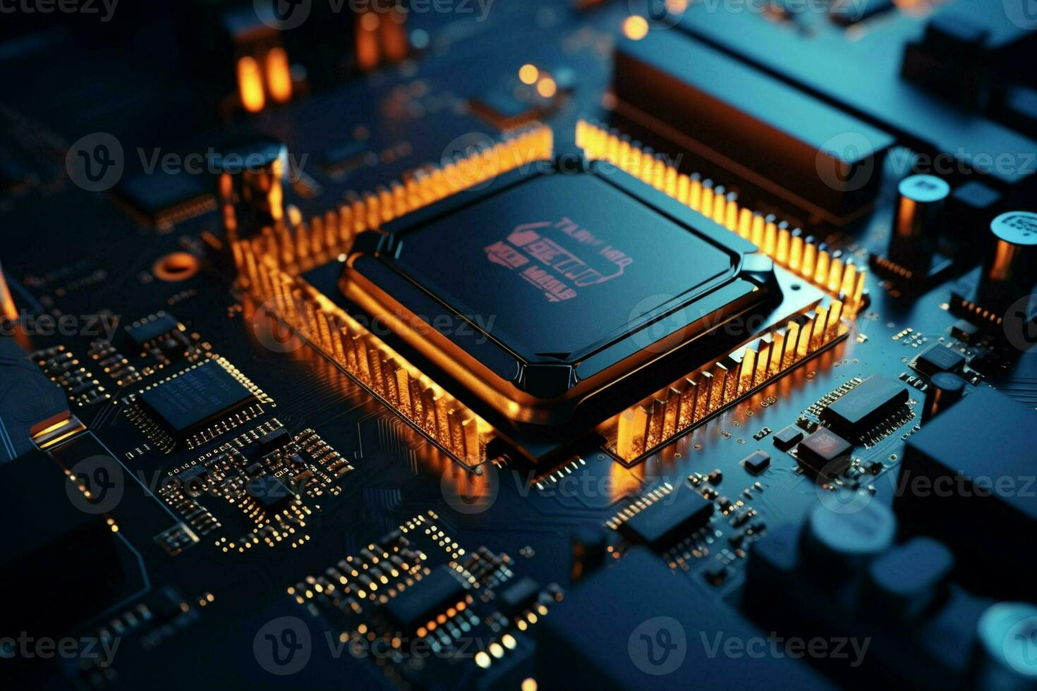 A microchip on a circuit board. Close-up of a microprocessor on a computer motherboard. ai generated Smartphone with charging cable on the table. ai generated photo