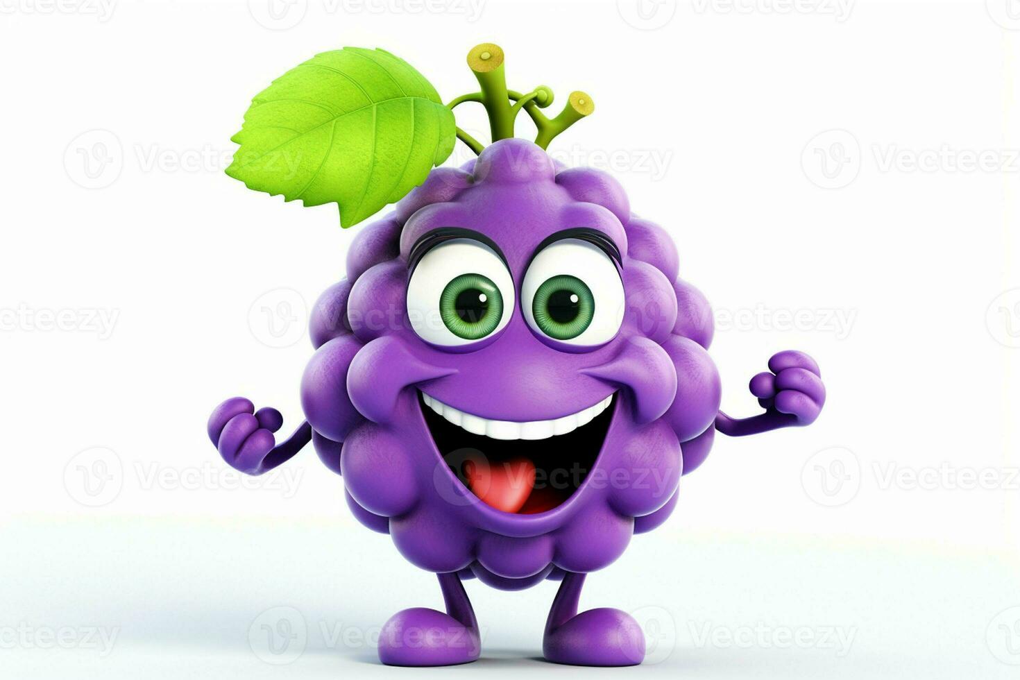 Cartoon character of mulberry fruit with green leaf on white background. ai generated  pro photo