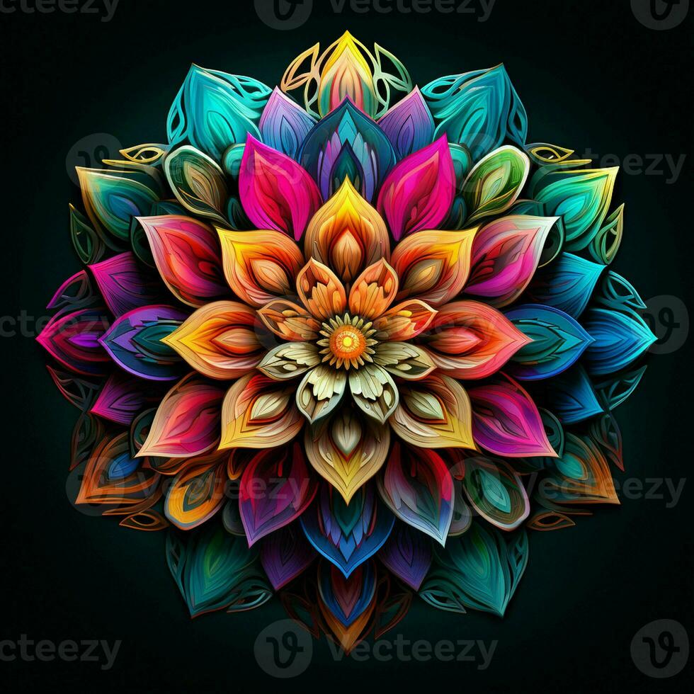 Beautiful mandala flower, Colorful fractal mandala on black background. Psychedelic digital art. 3D rendering. ai generated  pro photo