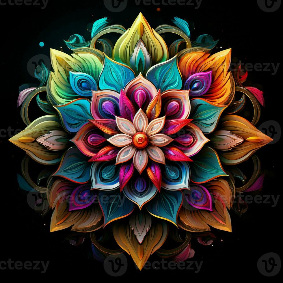Beautiful mandala flower, Colorful fractal mandala on black background. Psychedelic digital art. 3D rendering. ai generated  pro photo